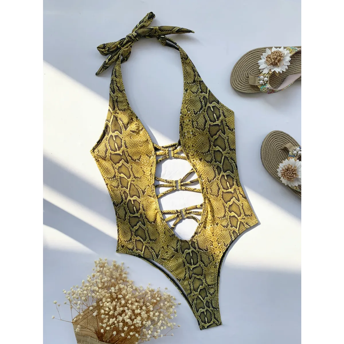 Snake Print Cutout One-Piece – Deep V Thong Swimwear - Best Sellers - Swimwear - 1