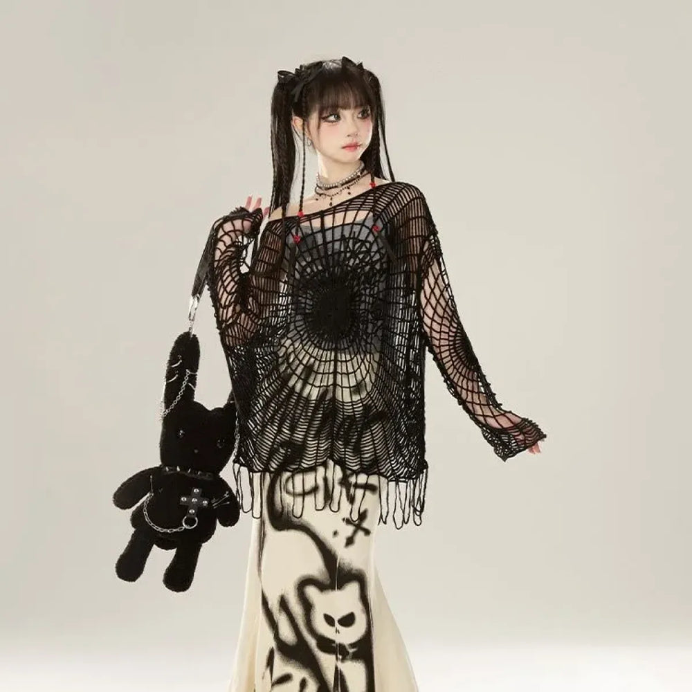 Spider Web Knit Sweater – Y2K Off Shoulder Grunge Pullover - Best Sellers - Long - Asymmetric - Tops - 1