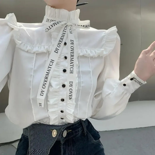 Ruffled Stand Collar Letter Bow Blouse - Best Sellers - Blouse - 1