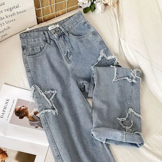 Star Patch Ripped High Waist Straight Leg Jeans – Women’s Loose Fit Denim - Best Sellers - Women’s Jeans - 7