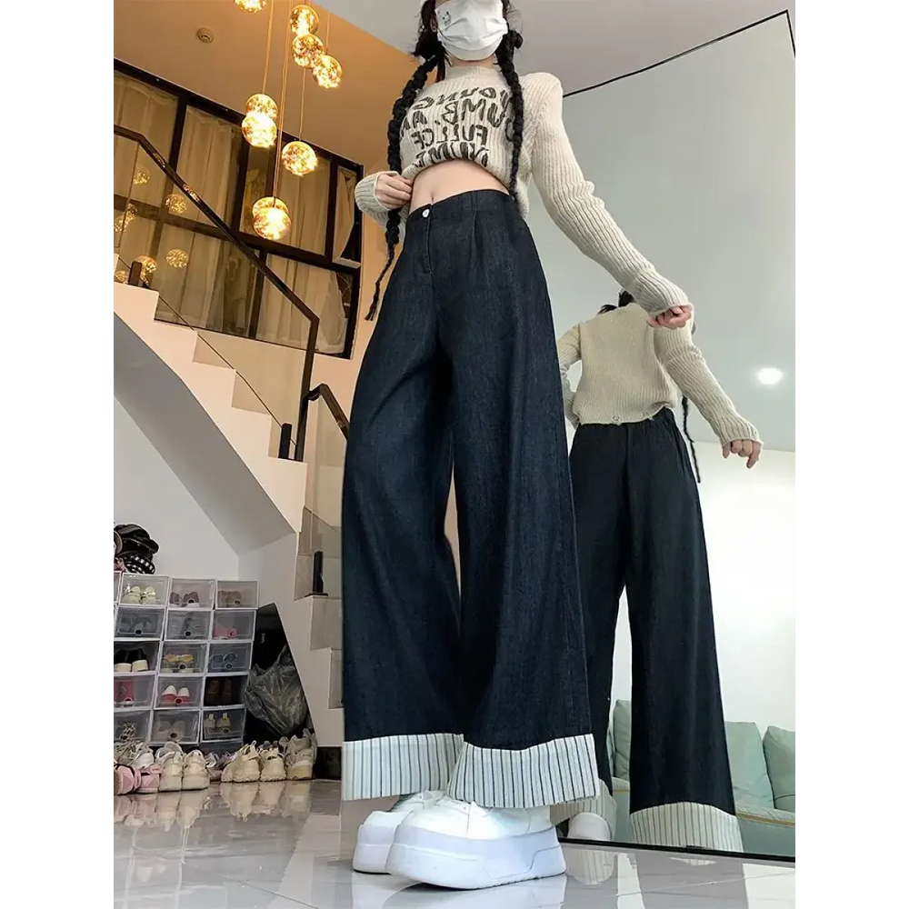 Y2K Patchwork Wide Leg Jeans with Striped Cuffs - Best Sellers - Jeans - 1