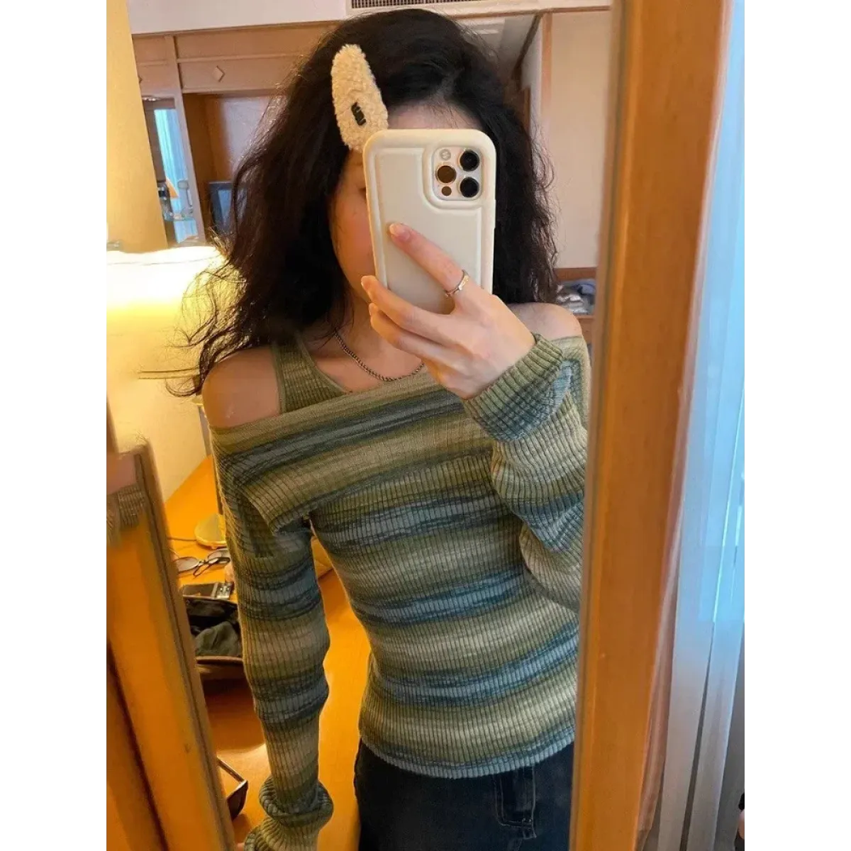 Green Harajuku Off Shoulder Striped Sweater - Best Sellers - Sweaters - 1