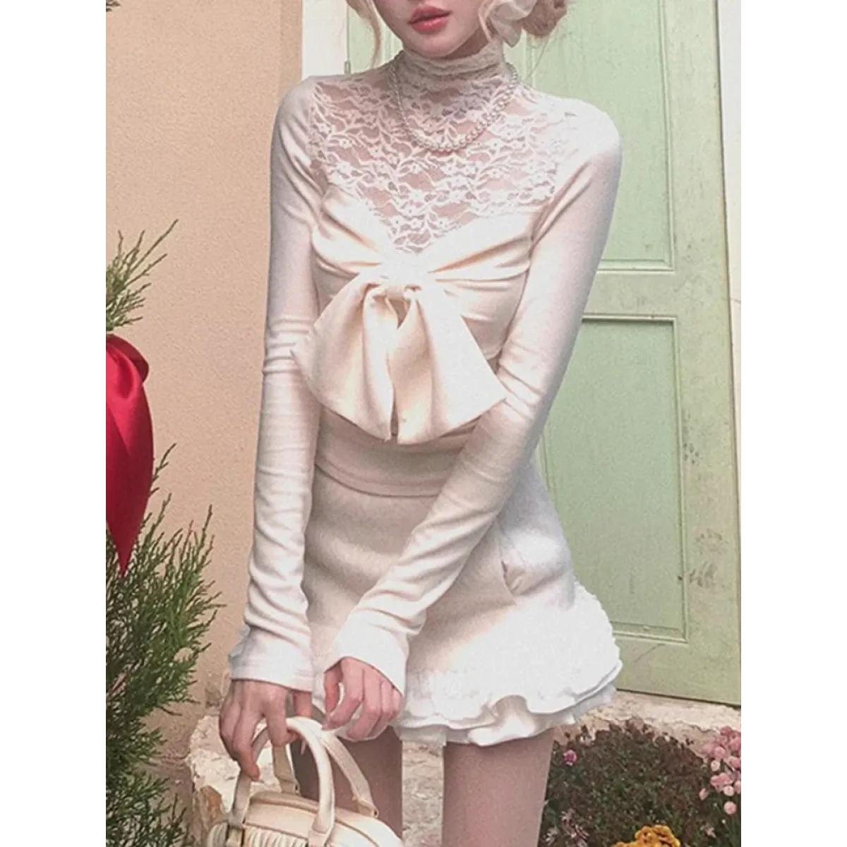 Ivory Lace Bow Top – Sweet Japanese Y2K Spring Style - Best Sellers - Round - Tops - 1