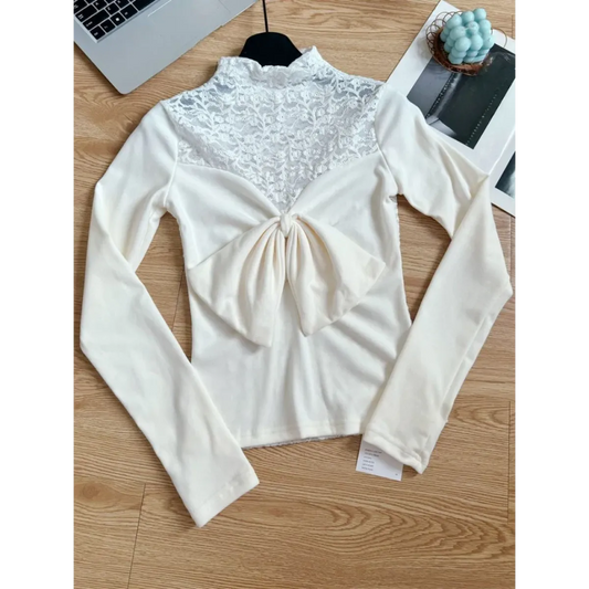 Ivory Lace Bow Top – Sweet Japanese Y2K Spring Style - Best Sellers - Round - Tops - 2