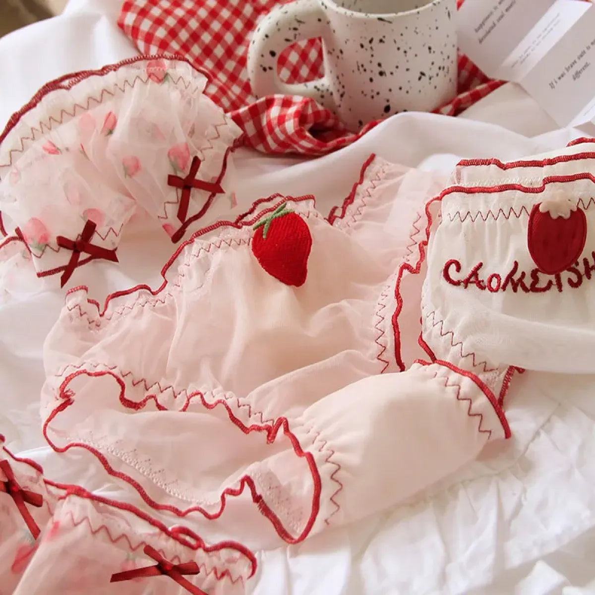Sweet Strawberry Sheer Mesh Panties – Ruffle Lace Mid-Waist Briefs - Best Sellers - Lingerie - 1