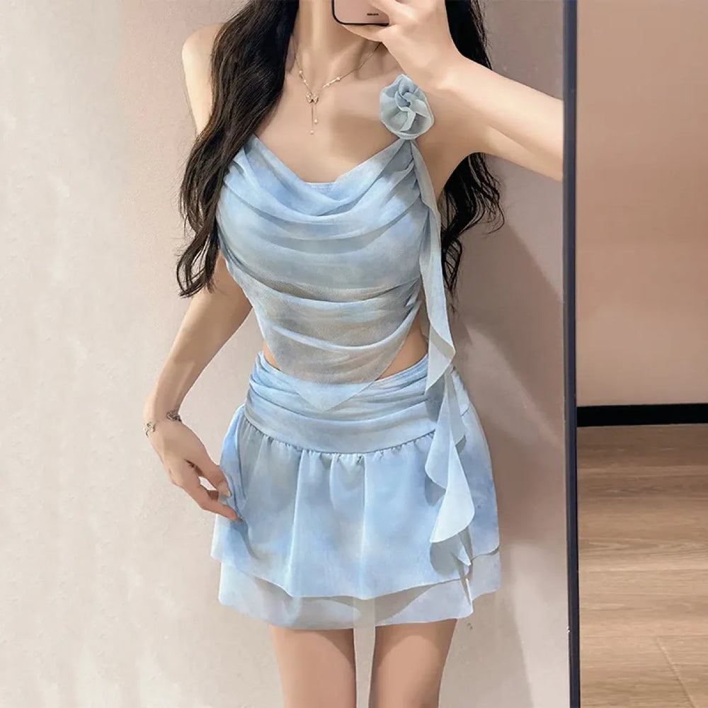 Tie-Dye Kawaii Bikini Set – 3D Flower Mini Skirt Swimsuit - Best Sellers - Strapless - Swimwear - 1
