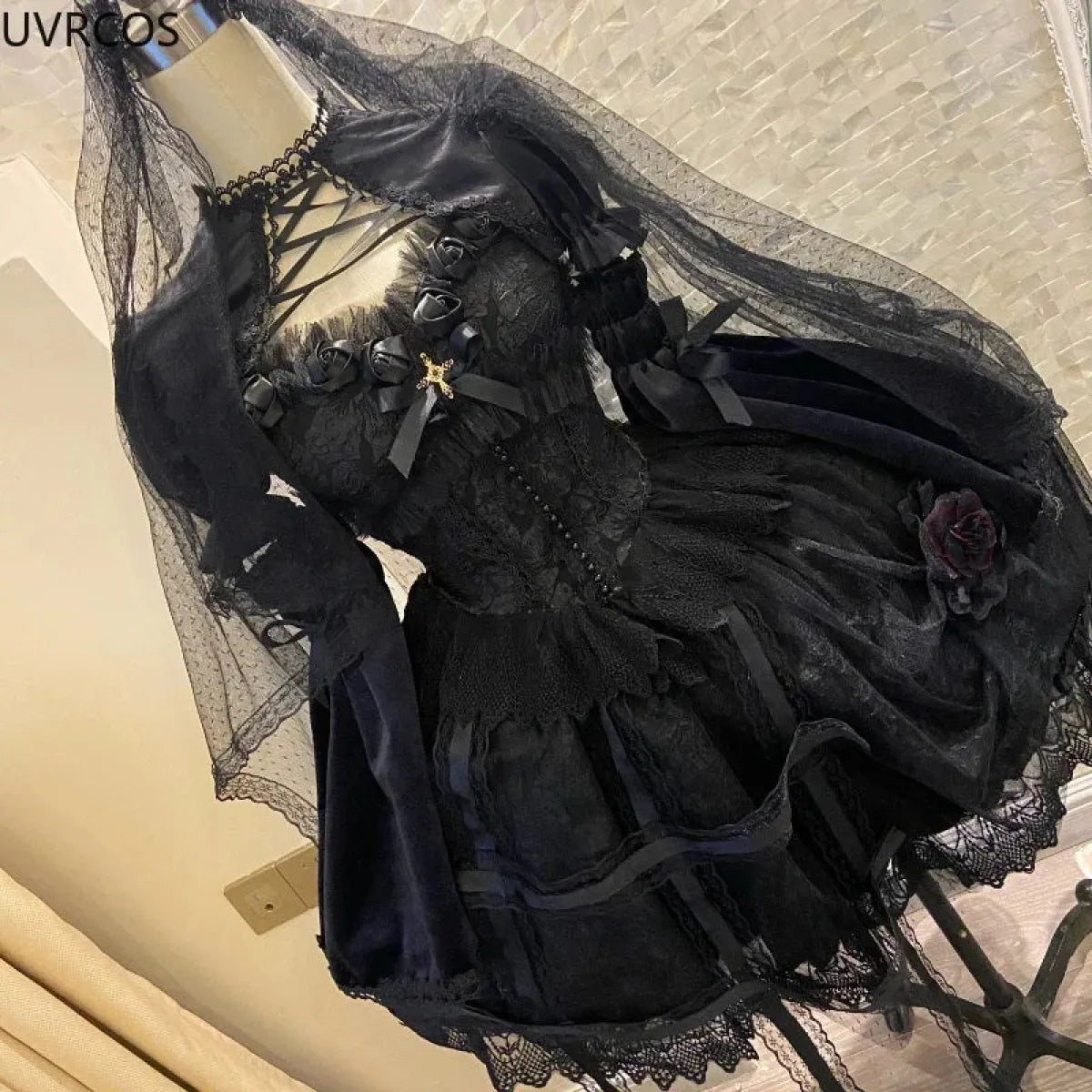 Victorian Gothic Lolita Dress - Sweet Lace & Rose Detail - All Dresses - 1
