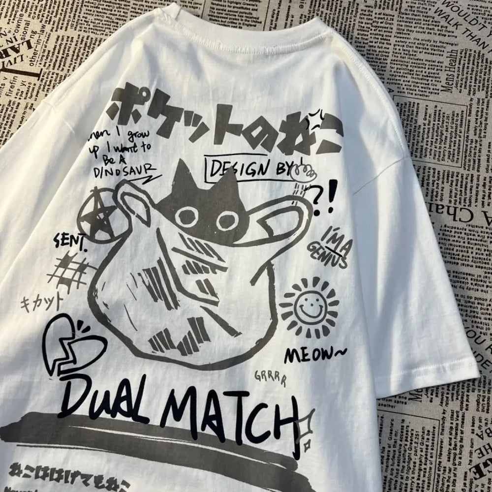 Cute Anime Cat T-Shirt – Vintage Aesthetic Harajuku Kawaii Top - Anime - Long - Round - T-Shirts - 1