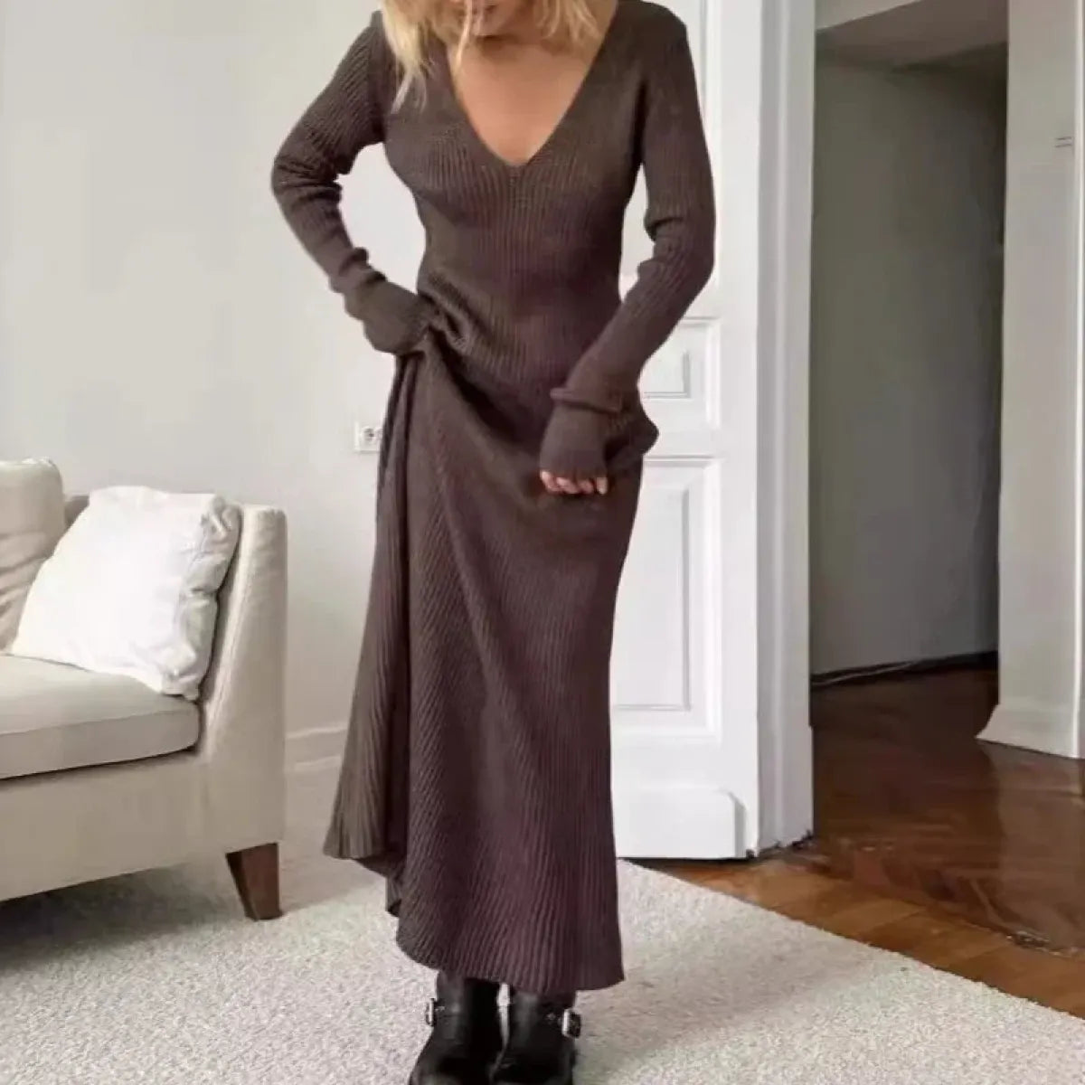 Vintage Coquette V-Neck Knit Maxi Dress - All Dresses - Dresses - 1