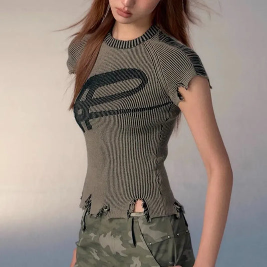 Vintage Distressed Knitted Top - Grunge Aesthetics Crop Tee - Best Sellers - 4