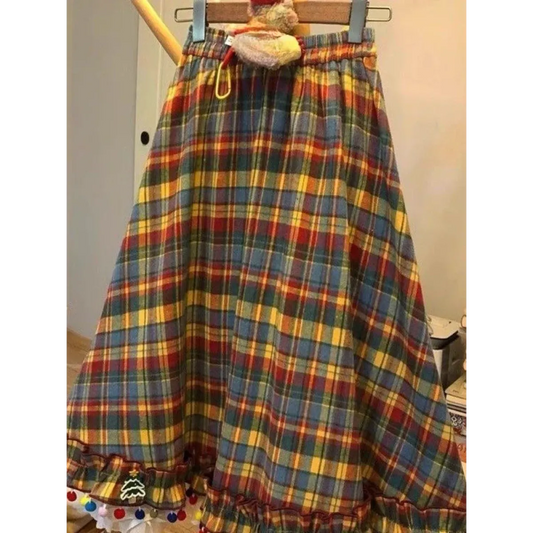 Plaid A-Line Skirt – Vintage Mori Girl Lace Trim Midi - Best Sellers - Skirts - 5