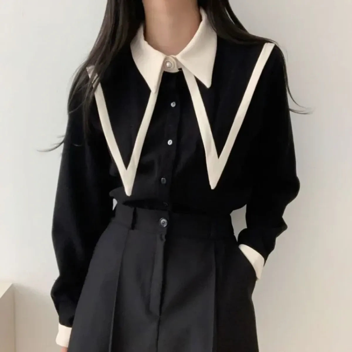 Vintage Peaked Collar Blouse – Elegant Puff Sleeve Button-Up Shirt - Best Sellers - Long - V-neck - Shirt - 1