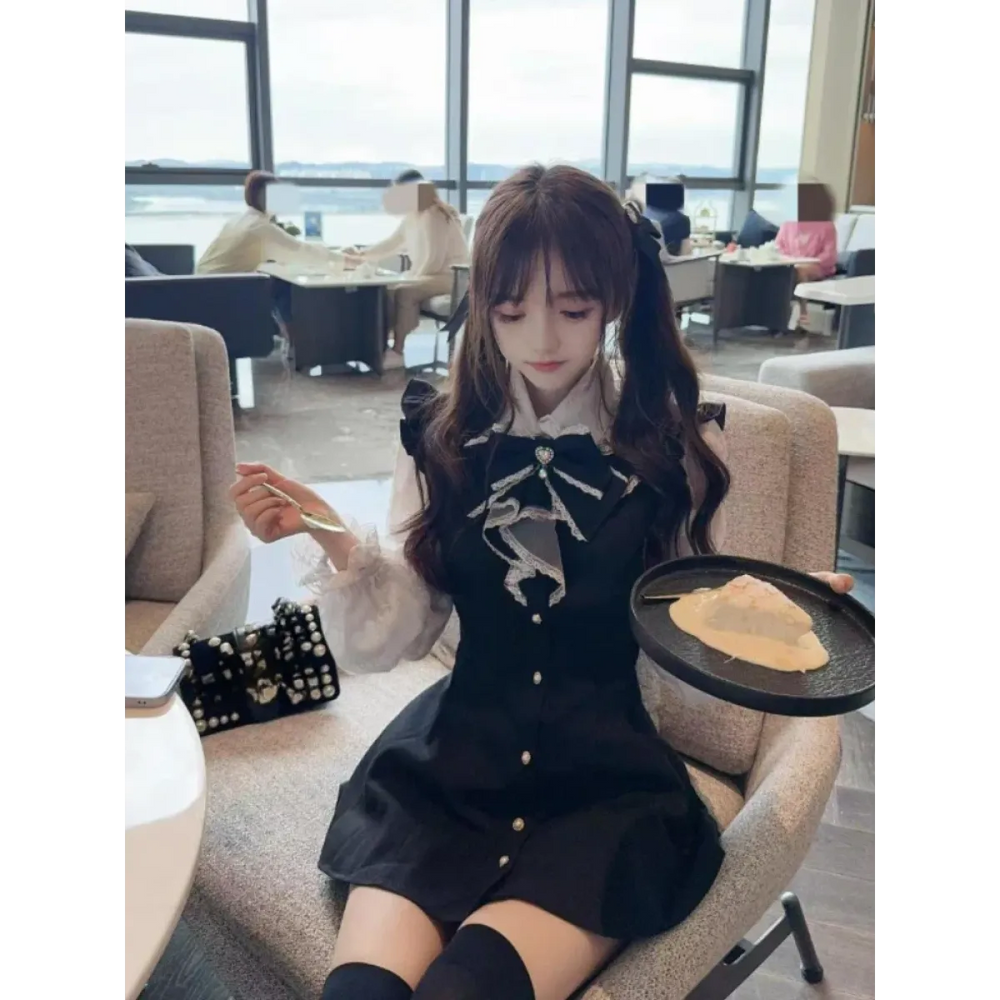 Black & White Bow Dress – Kawaii Lolita Preppy Vintage Style - All Dresses - Long - Shirt - Dresses - 1