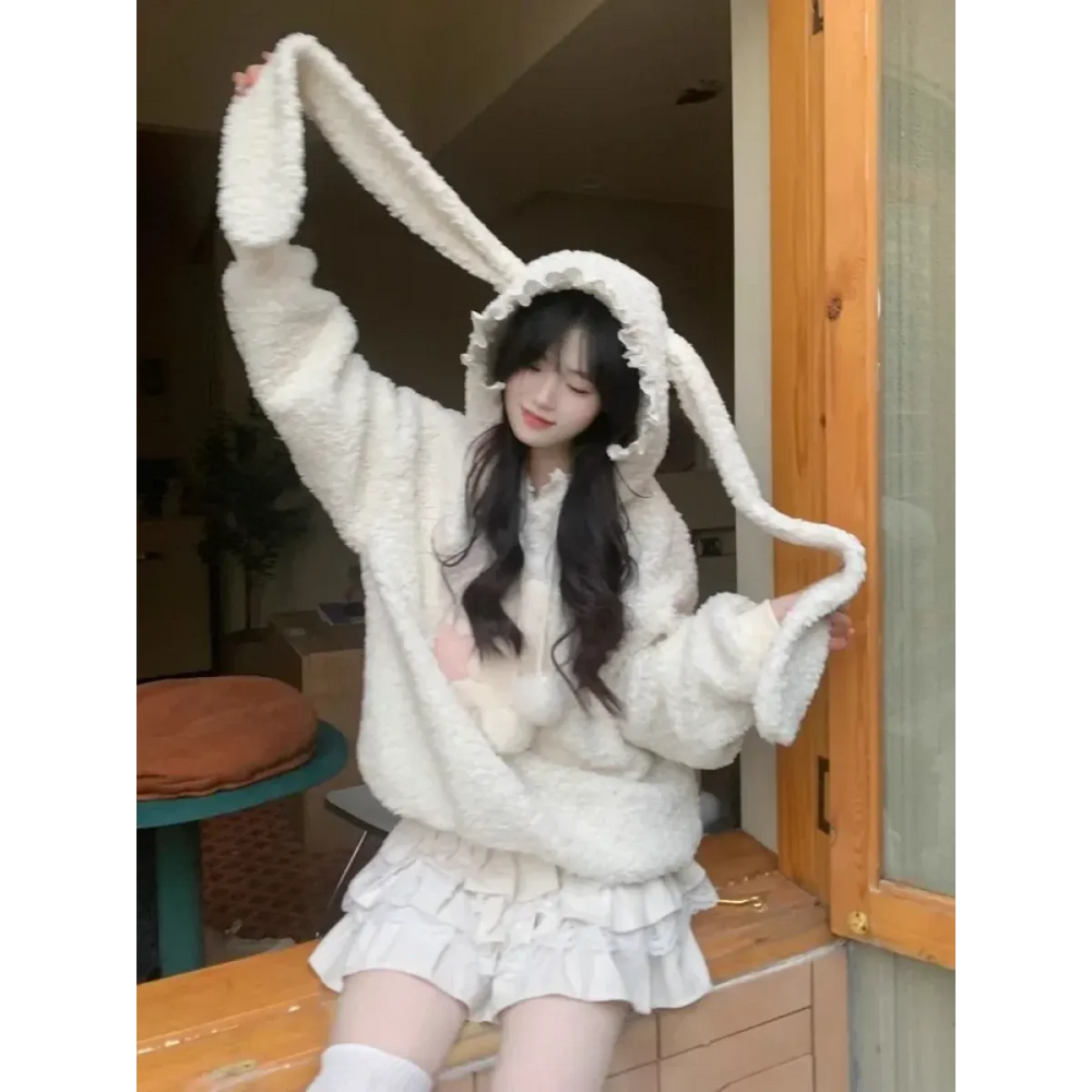 White Bunny Hoodie – Soft Lamb Wool Fleece Pullover Winter Style - Best Sellers - Hooded - Hoodies - 1