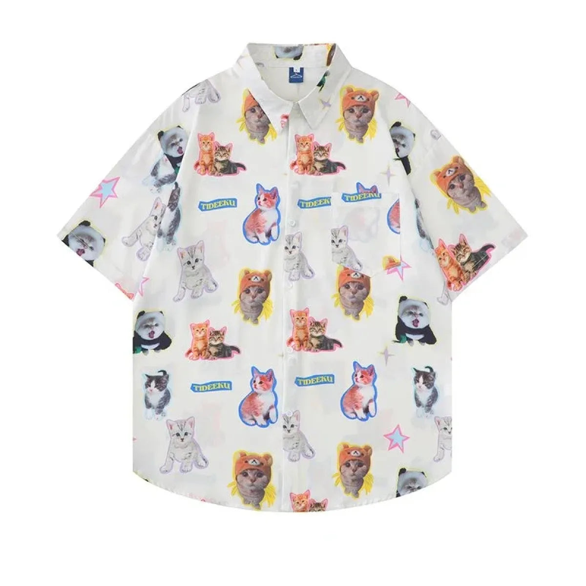 White Kawaii Cat Print Oversized Shirt – Harajuku Short Sleeve Blouse - Best Sellers - Short - Shirt - Blouses - 1