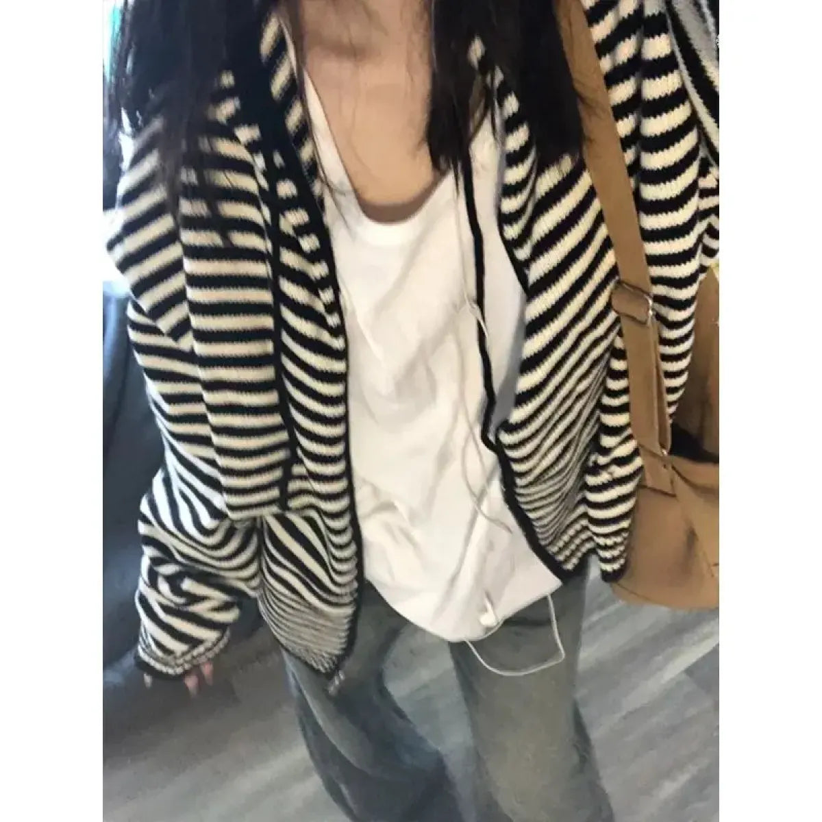 Black and White Striped Cardigan – Vintage Harajuku Zip-Up Knitwear - Best Sellers - Long - Hooded - Cardigans - 1