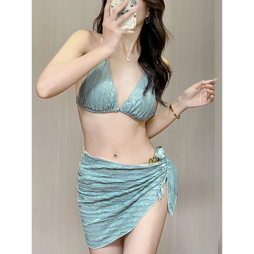 Metal Accent Lace-Up Bikini Set with Wrap Skirt - Best Sellers - Swimsuits - 1