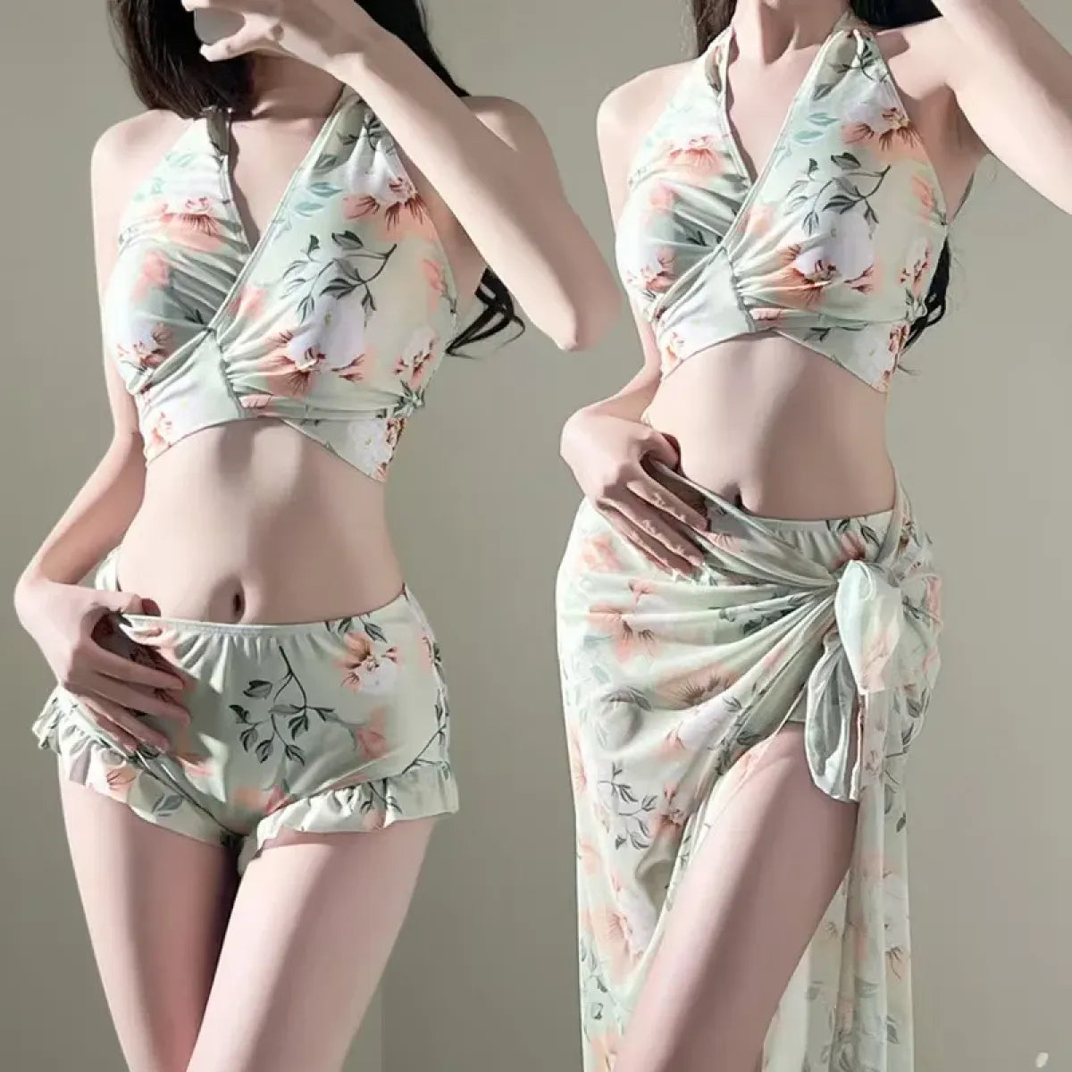 Floral Halter Bikini Set – Ruffled Mesh Wrap Skirt Swimwear - Best Sellers - Swimwear - 16