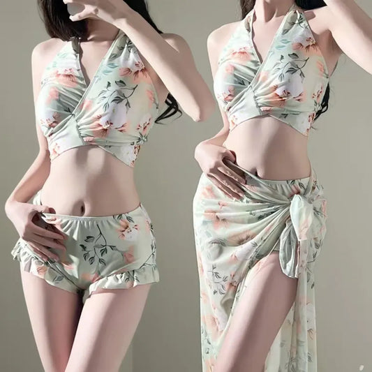 Floral Halter Bikini Set – Ruffled Mesh Wrap Skirt Swimwear - Best Sellers - Swimwear - 16