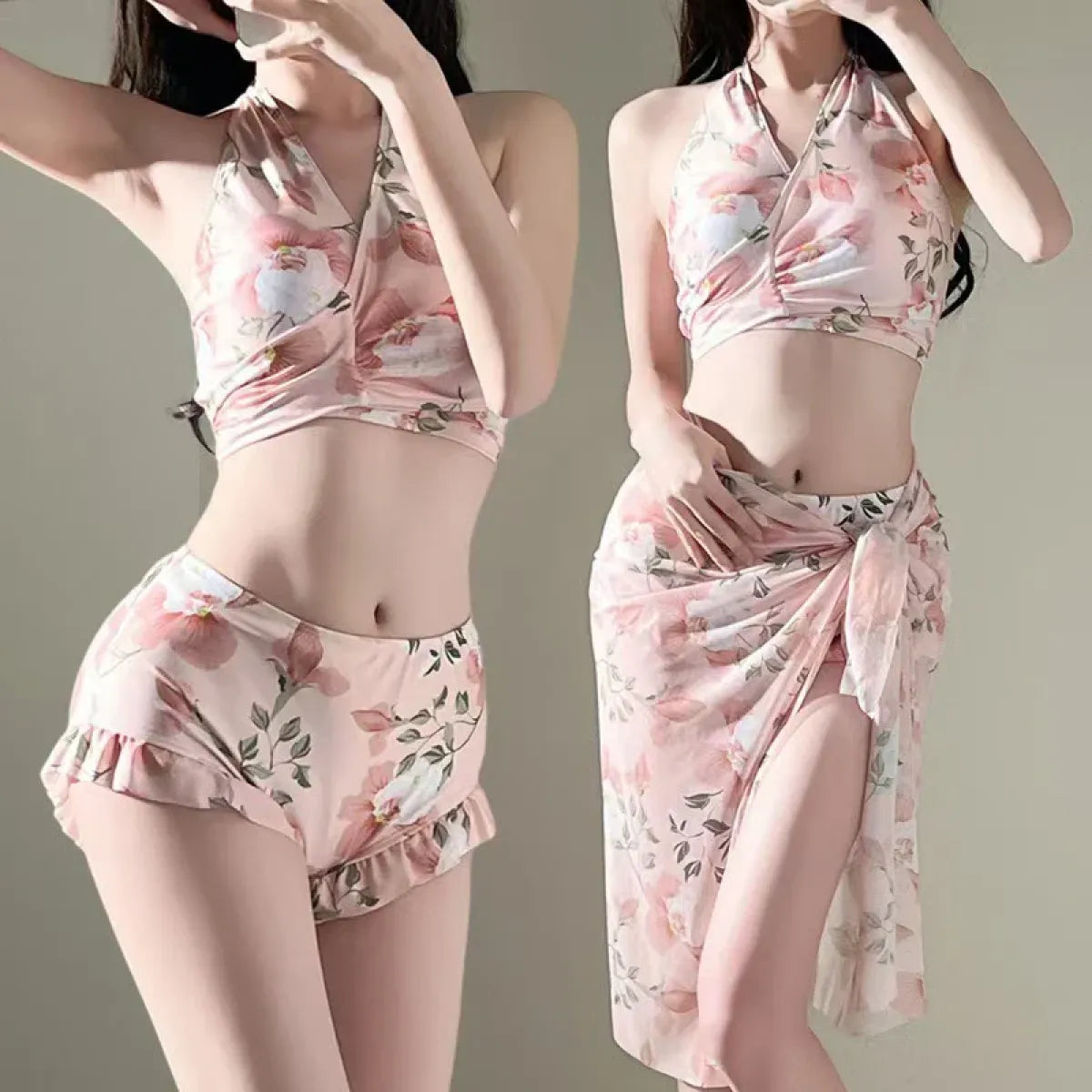 Floral Halter Bikini Set – Ruffled Mesh Wrap Skirt Swimwear - Best Sellers - Swimwear - 1