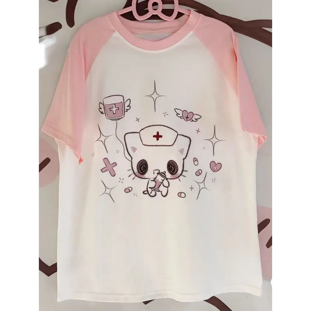 Kawaii Cartoon Patchwork T-Shirt – Harajuku Y2K Aesthetic Top - Early Spring Collection - Short - Round - T-Shirts - 1