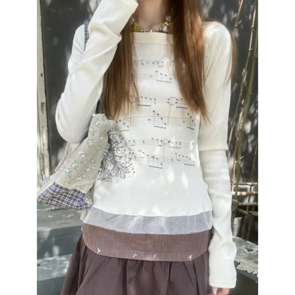 Y2K Aesthetic Long Sleeve Crop Top – Lace Grunge Print T-Shirt - Best Sellers - Long - Round - T-Shirts - 1