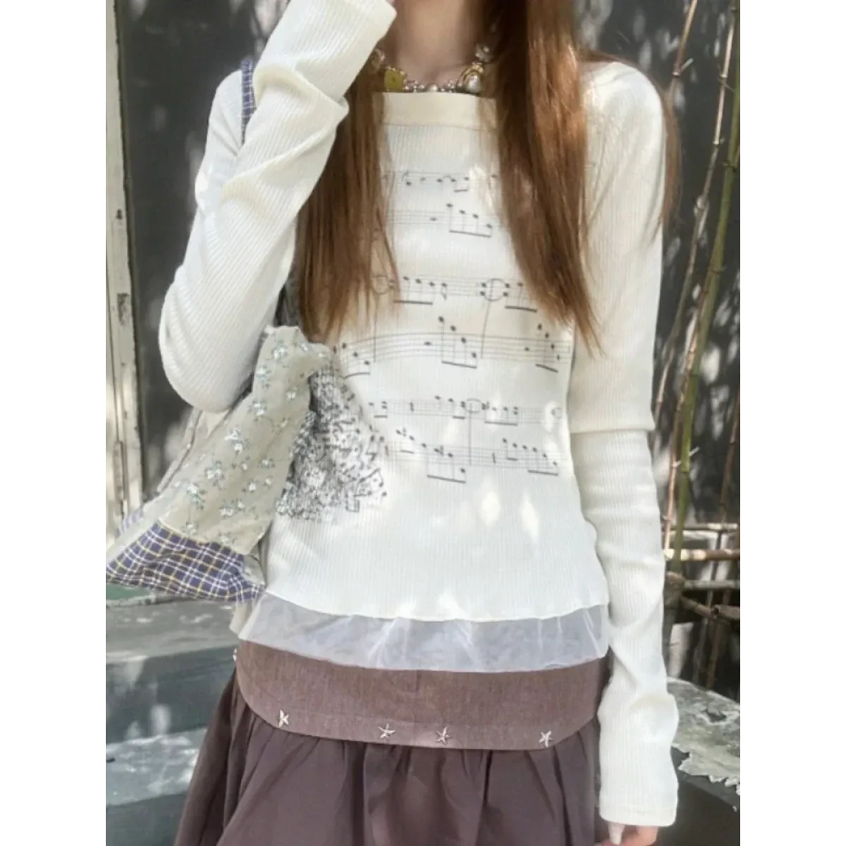 Y2K Aesthetic Long Sleeve Crop Top – Lace Grunge Print T-Shirt - Best Sellers - Long - Round - T-Shirts - 1