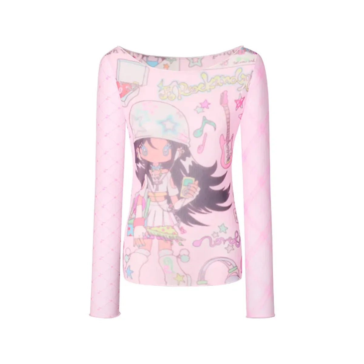 Y2K Anime Print Mesh Top – Pink Sheer Harajuku Kawaii T-Shirt - Anime - Long - Crew - T-Shirts - 1