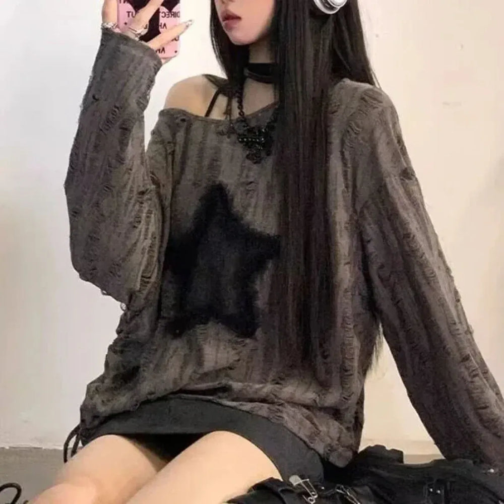 Y2K Star Distressed Off-Shoulder Long Sleeve Tee - Best Sellers - T-Shirt - 1