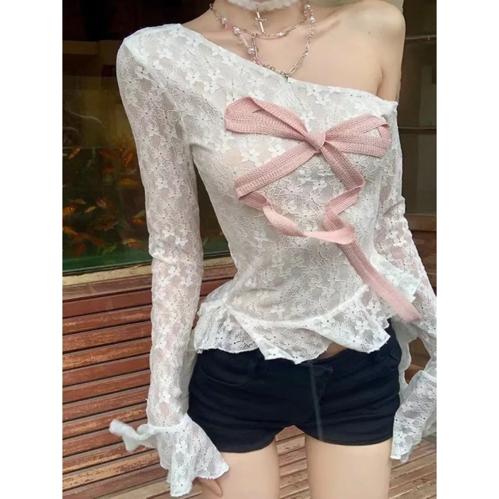 Lace Off-Shoulder Top – Y2K Bow Sweet Aesthetic - Best Sellers - Long - Off-Shoulder - Tops - 1