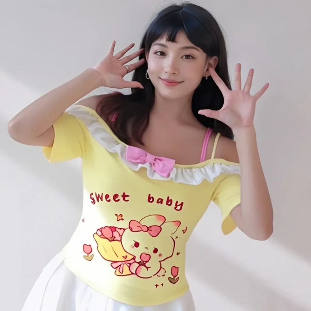 Kawaii Off-Shoulder Top – Ruffle Trim & Bunny Print - Best Sellers - Short - Off-Shoulder - T-Shirts - 1