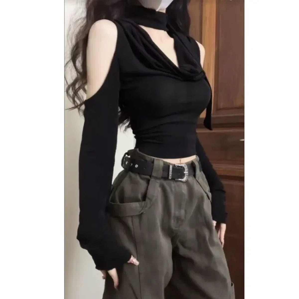 Y2K Black Cold Shoulder Halter Top - Best Sellers - Crop Top - 1