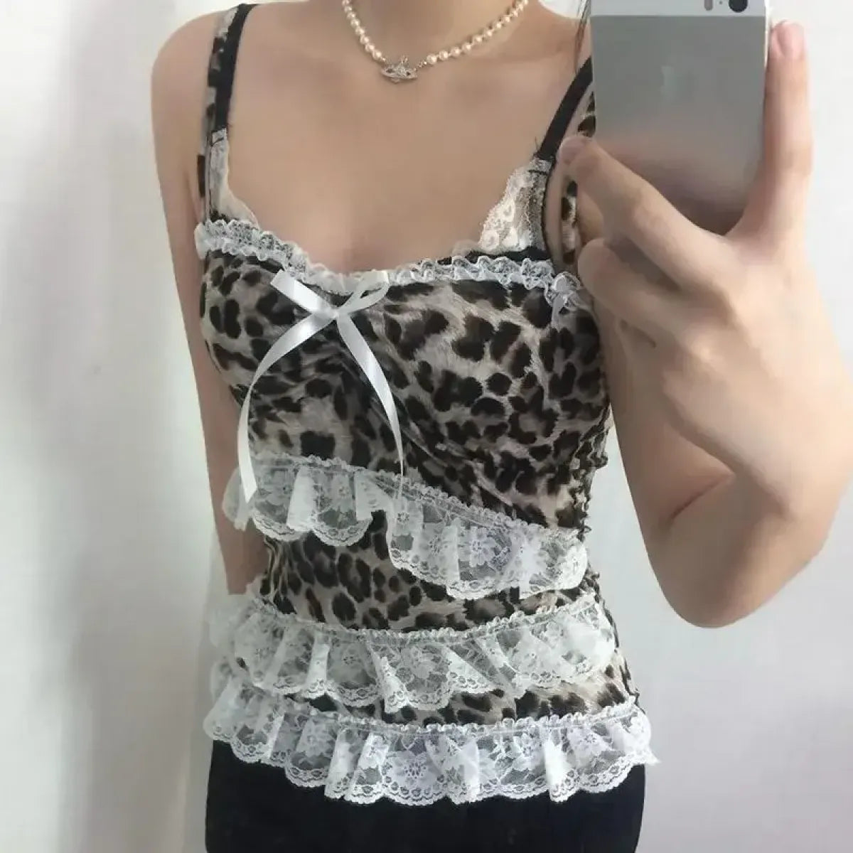 Leopard Print Lace Ruffle Tank Top – Y2K Coquette Cropped Camisole - Best Sellers - Short - Off-Shoulder - Tank Tops - 1