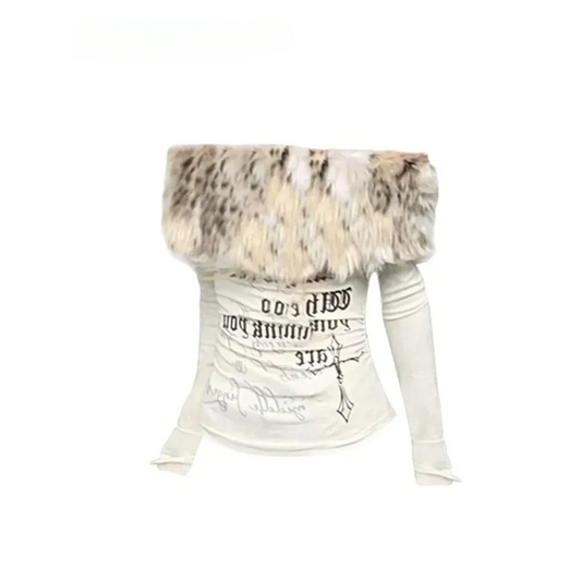 Y2K Coquette Off-Shoulder Top – Faux Fur Trim Long Sleeve - Best Sellers - Round - T-Shirts - 1