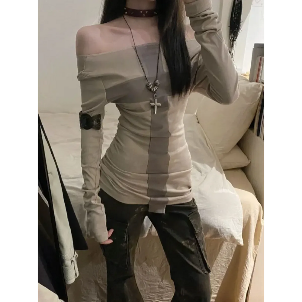 Y2K Cross Patchwork Off-Shoulder Long Sleeve Top - Best Sellers - T-Shirt - 1