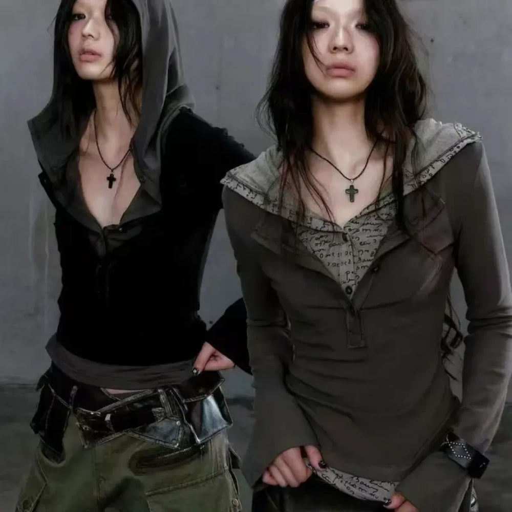 Patchwork Hooded Top – Y2K Cyber Grunge Slim Fit Knit Pullover - Best Sellers - Long - Tops - 1