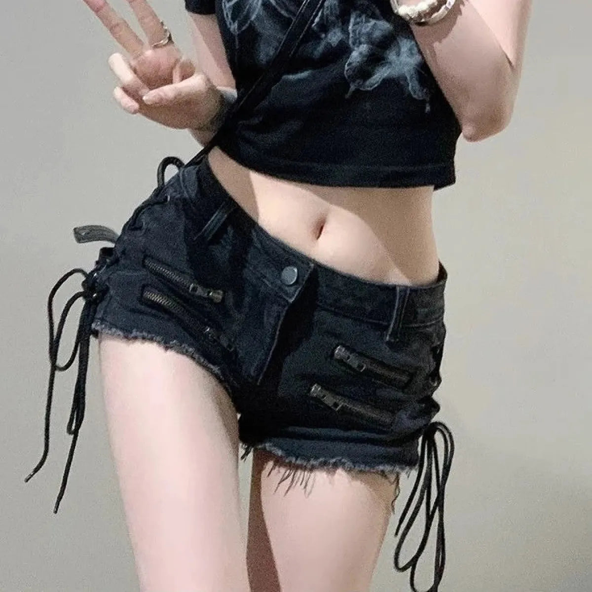 Y2K Lace-Up Zipper Denim Hot Pants - Best Sellers - Shorts - 1