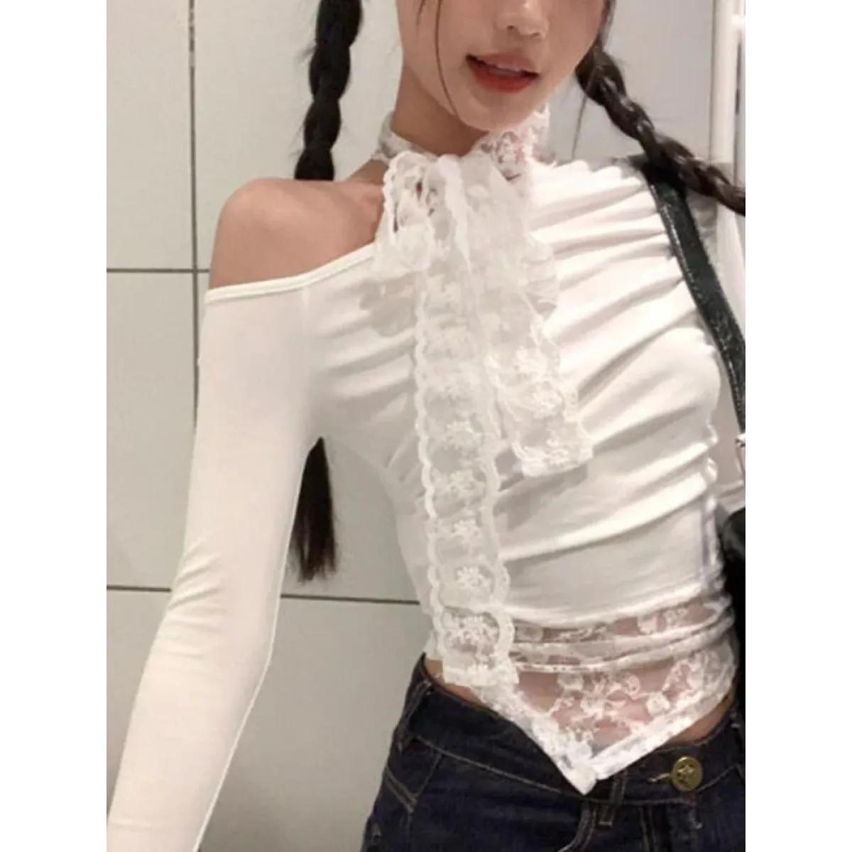 Lace Patchwork Off-Shoulder Top – Y2K Elegant Long Sleeve - Best Sellers - Long - Other - Tops - 1