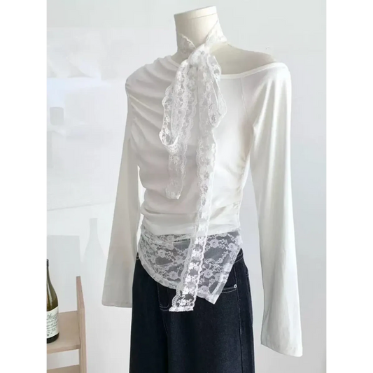 Lace Patchwork Off-Shoulder Top – Y2K Elegant Long Sleeve - Best Sellers - Long - Other - Tops - 2