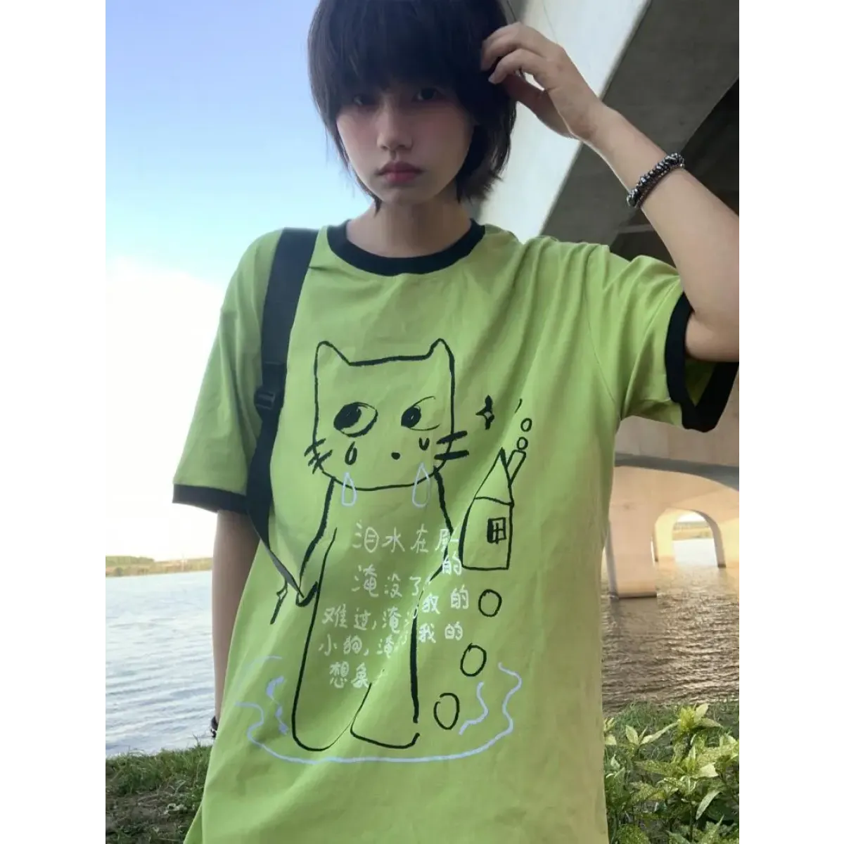 Green Harajuku Cat Print T-Shirt – Y2K Fairycore Grunge Tee - Best Sellers - Short - Crew - Unisex T-Shirts - 6