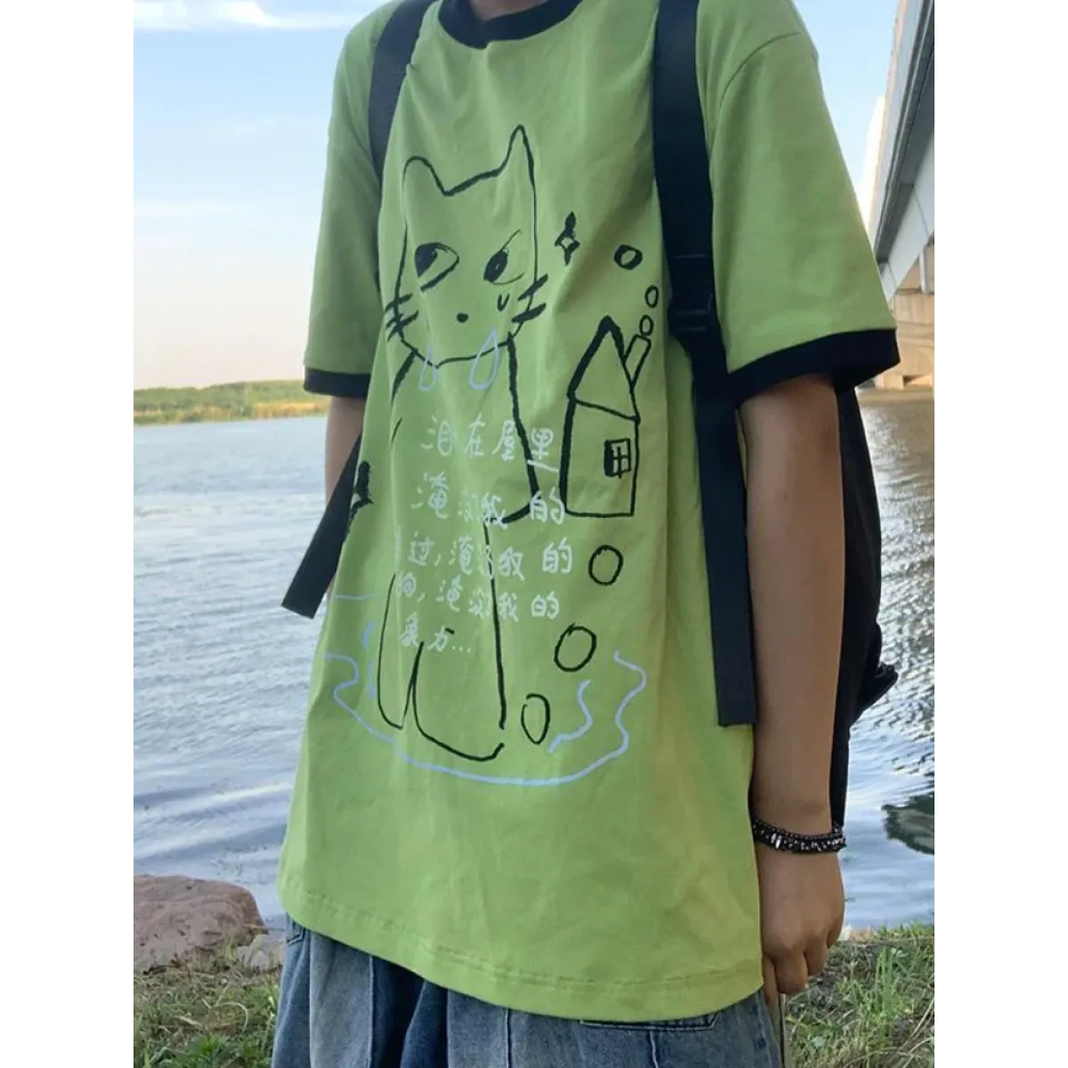 Green Harajuku Cat Print T-Shirt – Y2K Fairycore Grunge Tee - Best Sellers - Short - Crew - Unisex T-Shirts - 1