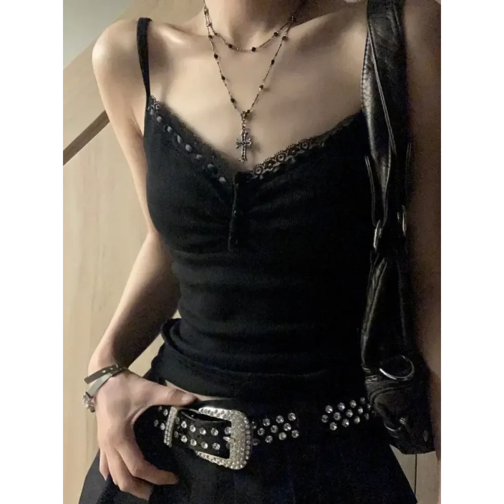Black Lace Trim Tank Top – Y2K Gothic Coquette Punk Grunge Crop Top - Best Sellers - Sleeveless - V-neck - Tank Tops - 1