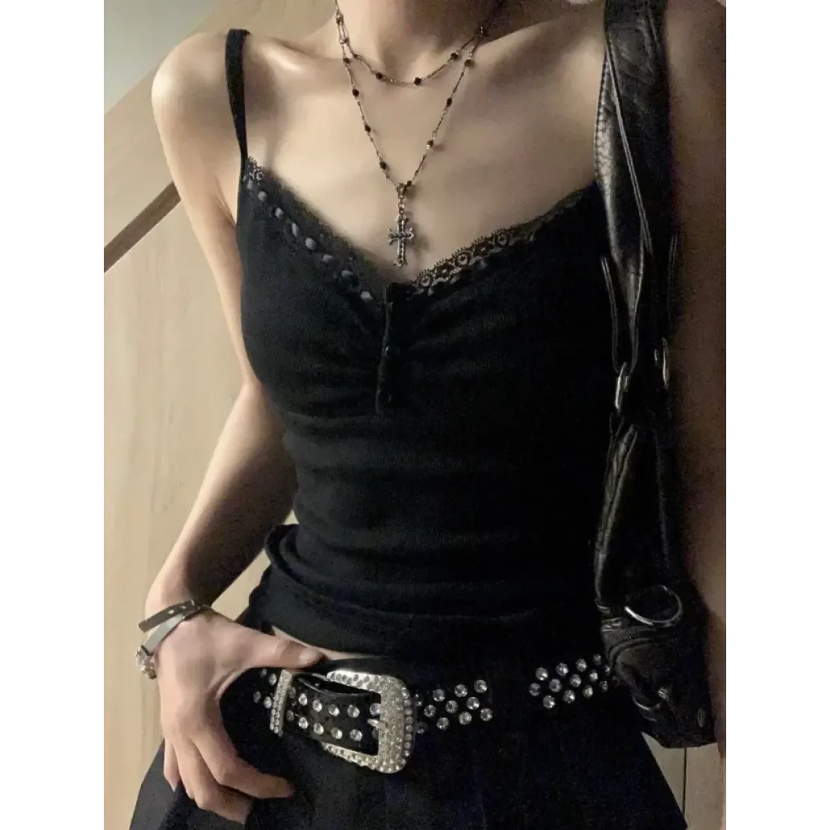 Black Lace Trim Tank Top – Y2K Gothic Coquette Punk Grunge Crop Top - Best Sellers - Sleeveless - V-neck - Tank Tops - 1