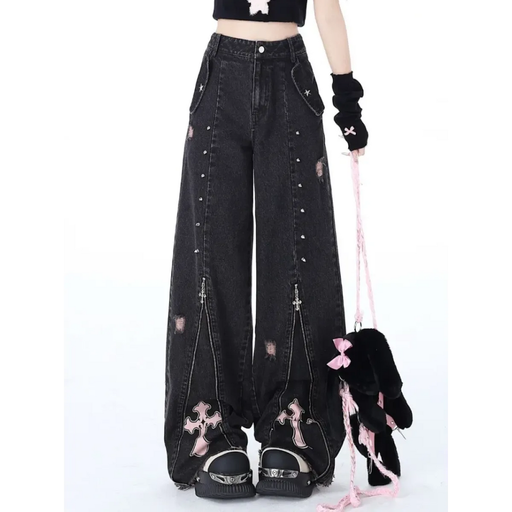 Gothic Y2K Cross Zip Wide-Leg Jeans - Best Sellers - Jeans - 1