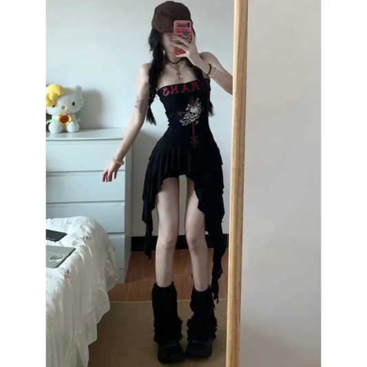 Strapless Irregular Hem Dress – Y2K Gothic Harajuku Punk Style - All Dresses - Strapless - V-neck - Dresses - 1