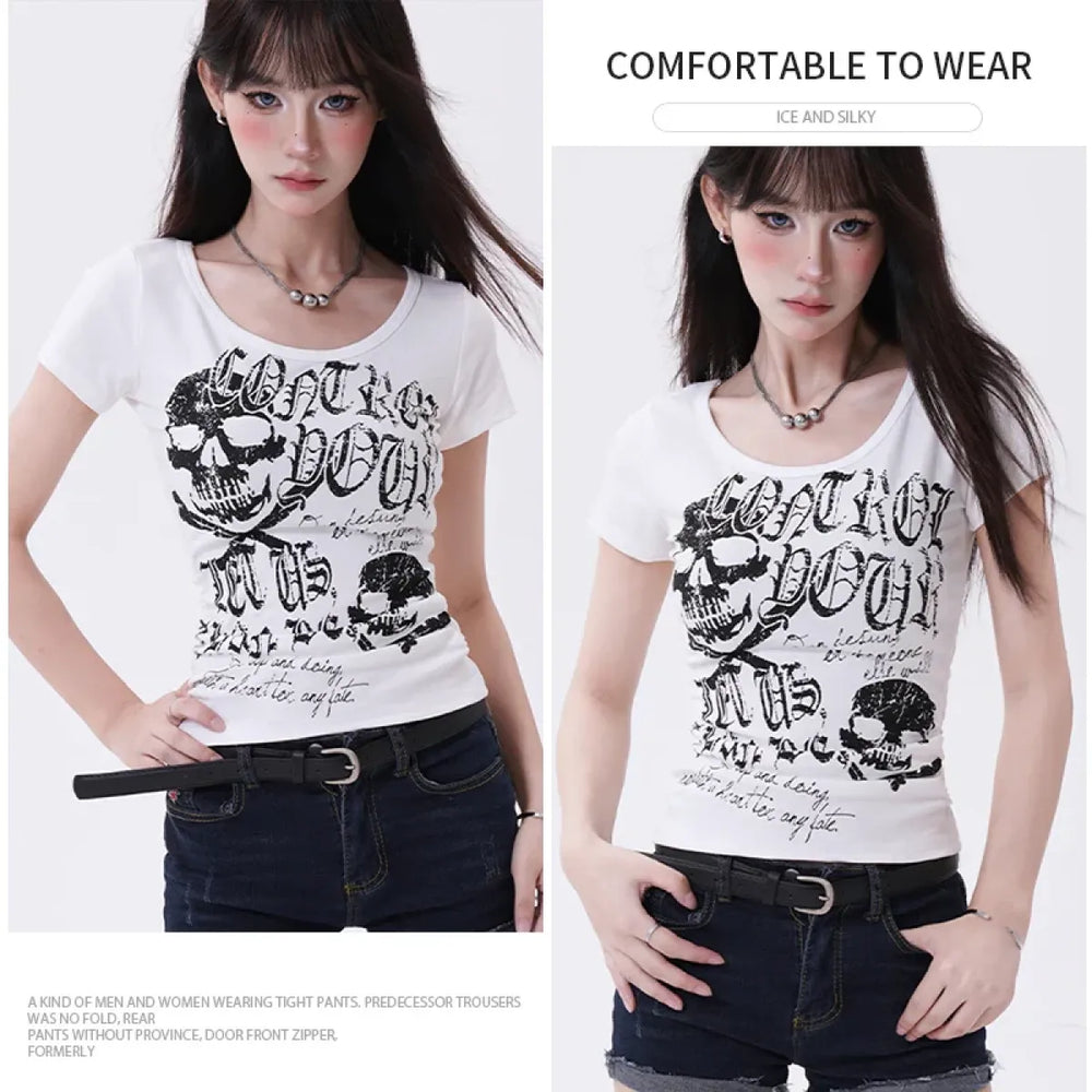 Y2K Gothic Punk T-Shirt – Skeleton Print Slim Fit Tee - Best Sellers - Short - Round - T-Shirts - 1