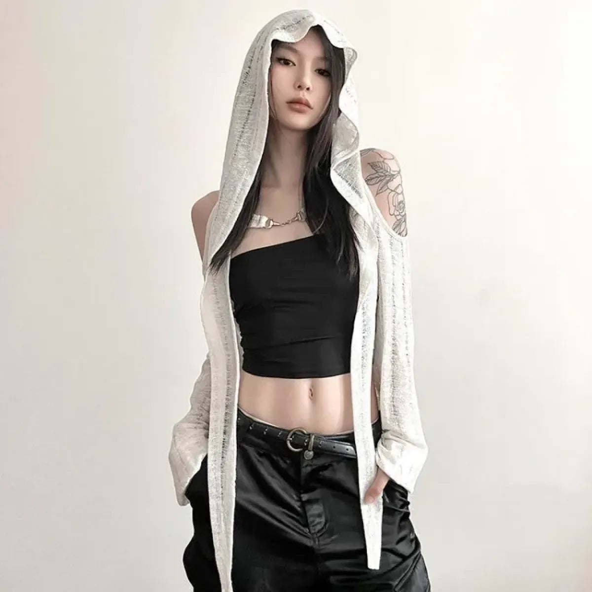 Y2K Grunge Black Hollow Out Hoodie – Slim Fit Long Sleeve Tee - Best Sellers - Hooded - Women’s Hoodies - 1