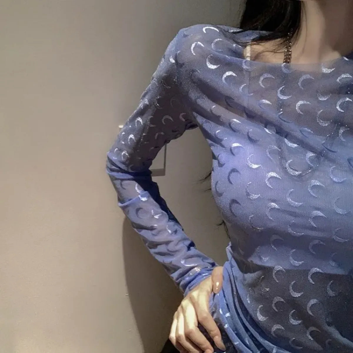 Moon Mesh Top – Y2K Grunge Long Sleeve Slim Fit Tee - Best Sellers - Long - Round - Tops - 1