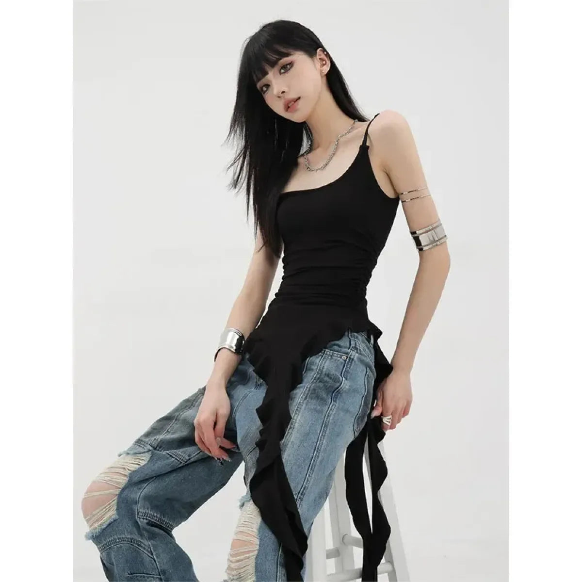 Black Asymmetrical Ruffle Tank Top – Y2K Grunge Punk Camisole - Best Sellers - Sleeveless - Off-Shoulder - Tank Tops - 7