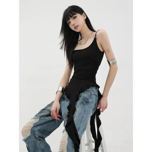 Black Asymmetrical Ruffle Tank Top – Y2K Grunge Punk Camisole - Best Sellers - Sleeveless - Off-Shoulder - Tank Tops - 7